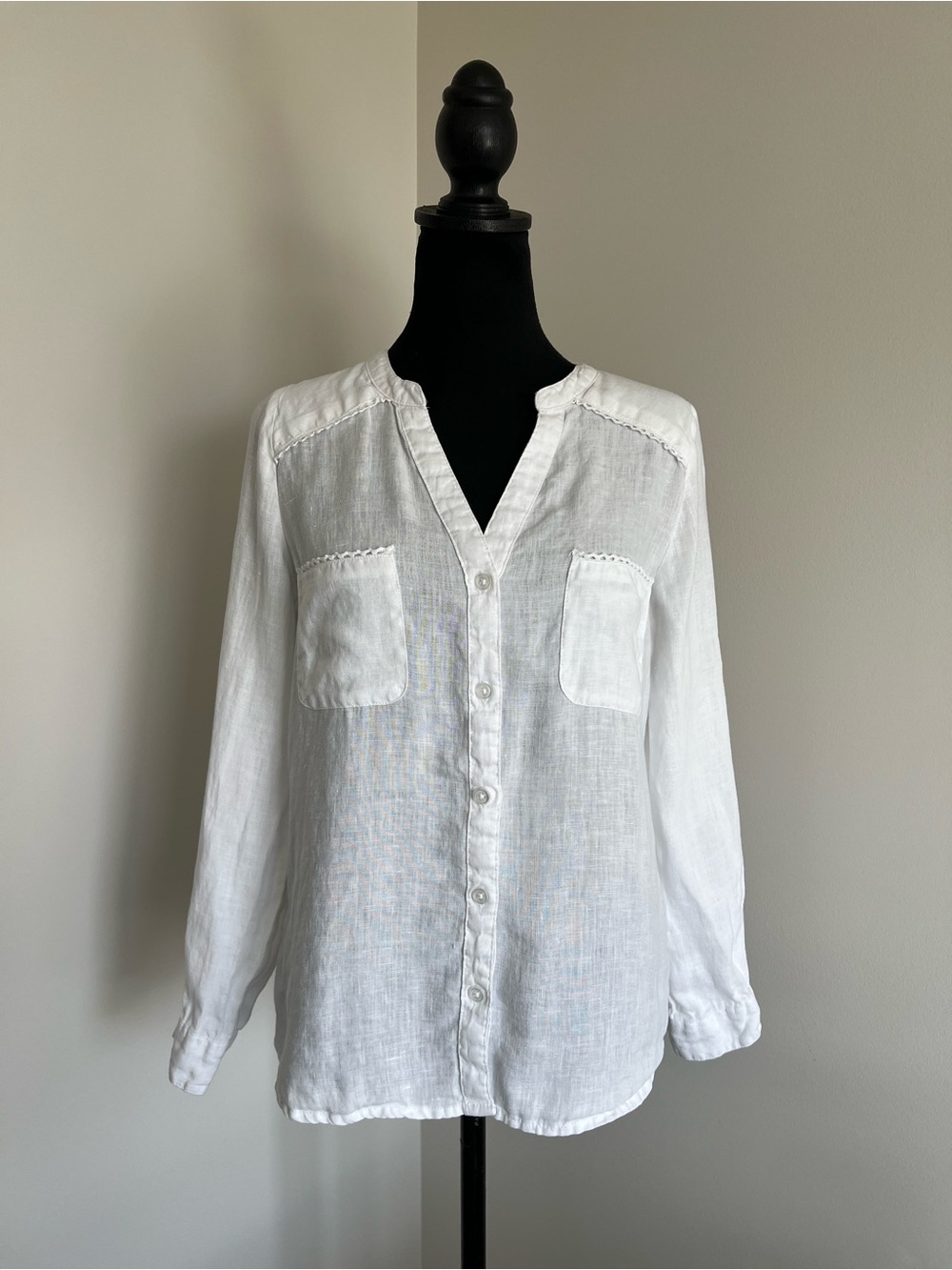 Washable Linen White Button-Front Lightweight Linen Blouse